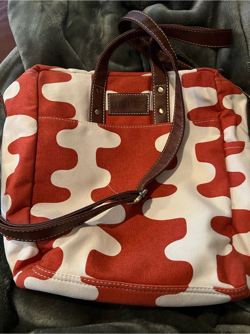 Maika Canvas Tote in orange & Cream with Brown Trim